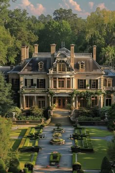 a large house with lots of trees and bushes around it