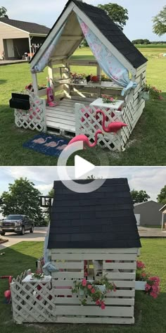 a small house made out of wooden pallets with flowers and pink flamingos on the roof