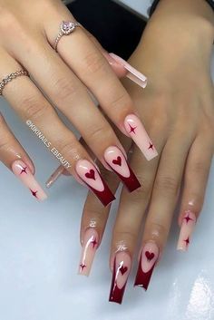 Valentines Day Nails Ideas, Red Valentines Day Nails, Stars Nail Art, Hearts And Stars, Red Valentine, Diy Acrylic Nails, Spring Nail Designs, Girly Acrylic Nails, Dope Nail Designs