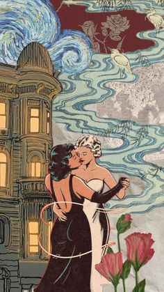 a painting of two women embracing each other in front of a building with water and flowers