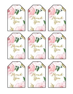 pink and gold watercolor floral thank tags with the words thank you written on them