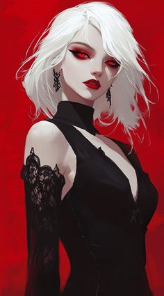 a painting of a woman with white hair and red eyes, wearing black clothes on a red background