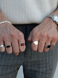 Stack our signet rings. Mix rings with a natural stone with no stone rings and create a unique look. #mensjewelry #mensring #ringsstack #ring #ringe #mensaccessories #details #handmade #mensfashion #fashionstyle #streetwear #streetstyle Rings For Boys, Rings Stack, Masculine Jewelry, Mens Ring Designs, Ring Boy, Trendy Rings