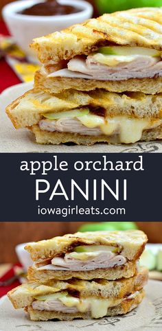 an apple orchard panini is stacked on top of each other with cheese and meat