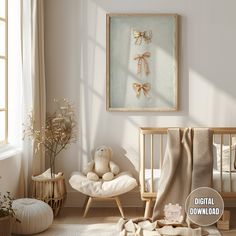 a baby's room with a crib and teddy bear