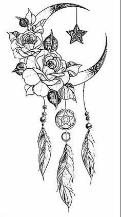 a black and white drawing of a crescent with flowers on it, hanging from the moon