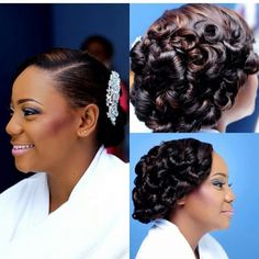 an image of a woman with curly hair in various stages of her updo hairstyle