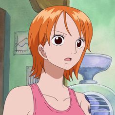 an anime character with red hair and big eyes looking at something in front of her