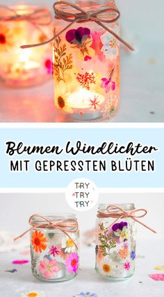 two mason jars with flowers on them and the words, blemen windletter mit gersesten bluuten try try try try