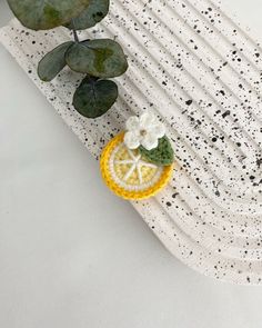 a white plate topped with an orange slice next to a plant