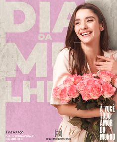 a woman holding roses in her hands with the words dia da mio on it