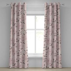 the pink curtains are hanging in front of a window with an open curtain and wooden floor