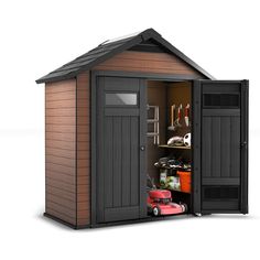 an outdoor storage shed with the door open and tools in it's compartment, on a white background