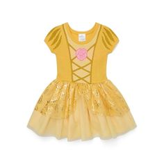 Shell be the Beauty of the ball with this Disney Princess Belle Cosplay Sweater Dress. Crafted in a soft intarsia knit adorned with Belle-inspired motifs with a comfortable crewneck top, and a layered tulle skirt with an allover rose print for an added whimsical touch. Dressing up has never looked so cute! Pair this Disney Dress with a mini tiara for a Princess-approved look she can wear any day of the week. Size: 4T.  Color: Yellow.  Gender: female.  Age Group: toddler. Sleeping Beauty Cosplay, Mini Tiara, Toddler Dress Up, Rapunzel Cosplay, Cindy Dress, Disney Princess Toddler, Belle Cosplay, Minnie Dress, Rapunzel Dress