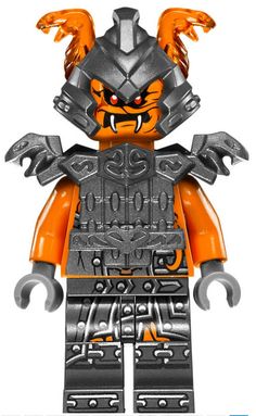 a lego figure with an orange and black face