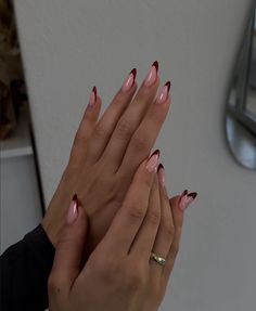 simple red french nails almond shaped  #frenchnails #naildesign #rednails #nailinspo November Manicure, Almond Nails Red, Fall Almond Nails, Fall Nail Art Ideas, Almond Nails French, Natural Nails Manicure, Simple Fall Nails, Almond Shape Nails, Pearl Nails