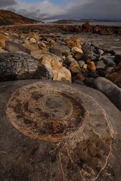 some rocks and water under a cloudy sky