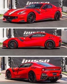 three different views of a red sports car