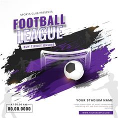 a purple and black poster with a soccer ball in the goal net on it's side