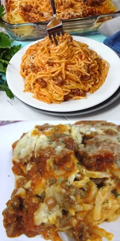 two plates of food with spaghetti and meat on them