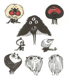 several different types of animals are drawn in black, white and red ink on paper