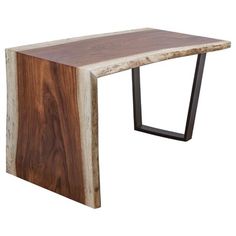 a wooden table with black metal legs and a wood slab on the top, against a white background