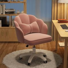 a pink office chair sitting on top of a white rug in front of a desk