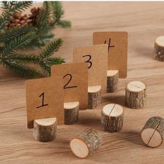 several pieces of wood with numbers on them sitting next to pine cones and evergreen branches