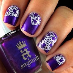 Nails Dark Nail Designs, Dark Nail, Stamped Metal, Vibrant Purple, Silver Design