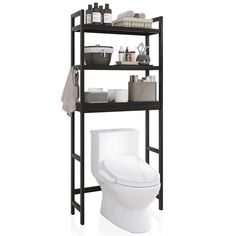 a bathroom shelving unit with a toilet