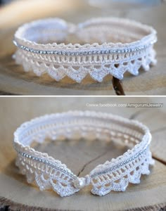 two pictures of white crocheted headbands with pearls