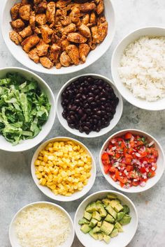 six bowls filled with different types of food