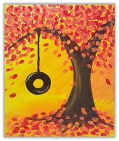 an acrylic painting of a tree with a tire hanging from it's trunk