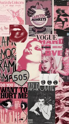 collage of pink and black posters with women's faces, lips, and words