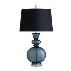 a blue glass table lamp with a black shade on the base and a black lampshade