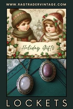 Our vintage style Christmas card shows 2 happy children holding a banner for holiday gifts. Below are two antiqued brass vintage style oval lockets with rose quarts or rhodonite cabochons set in the center. These semi-precious stones add the perfect sparkle to your winter gifts. Get one for yourself to keep loved ones close to your heart. Choose antiqued silver, shiny silver, or brass. Each will arrive in a gift box ready to share. Check out our website or Etsy Shop for more styles and colors! Christmas Ideas For Her, Unique Locket, Locket Necklaces, Student Teacher Gifts, Vintage Style Necklace, Stone Necklaces, December Birthday, Winter Gifts, Mother Daughter Gifts