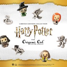 the harry potter pin set is shown in front of a white background with gold foil