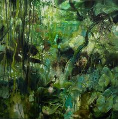 an abstract painting with lots of green plants