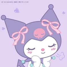 a cartoon cat with a pink bow on her head and eyes closed, sitting in front of a purple background