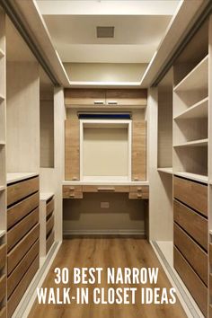 an empty walk - in closet with wooden shelves and drawers