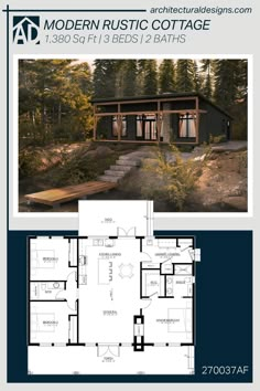 the modern rustic cottage is shown in this brochure, and it's floor plan