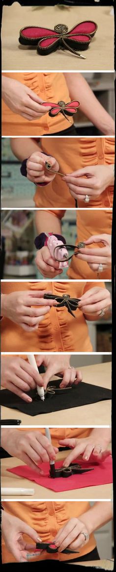 So Beautiful Craft! Super idea for broken zippers!! Attach a magnet pin on the back and you can take it anywhere!! Origami Crane Tutorial, Felt Jewelry, Origami Crane, Felt Flowers