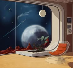 an image of a room with a view of the moon and some plants in it