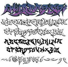 some type of graffiti font that is in different colors and sizes, with the letters below it