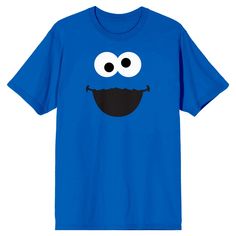 Add a touch of Sesame Street charm to your wardrobe with this men’s royal blue crew neck short sleeve t-shirt. Featuring a playful Cookie Monster face on the front and the classic Sesame Street logo on the back, this shirt is perfect for fans of the beloved TV series. Made from soft cotton, it ensures comfort and durability throughout the day. It’s easy to maintain with machine washing on cold with like colors and tumble drying on low heat. Blue T-shirt With Character Print In Relaxed Fit, Funny Blue Short Sleeve Top, Funny Blue T-shirt With Character Print, Novelty Blue Pre-shrunk T-shirt, Novelty Pre-shrunk Blue T-shirt, Novelty T-shirt With Character Print And Short Sleeves, Novelty Blue Cotton Tops, Blue Cotton Novelty Top, Novelty Short Sleeve T-shirt With Character Print