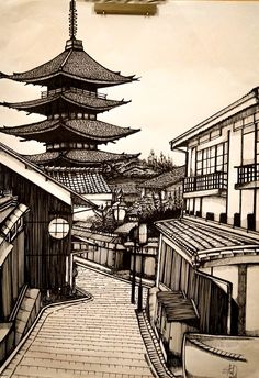 Japanese Temple Drawing, Japanese Architecture Drawings, Japanese Drawing, Beautiful Temple, Perspective Drawing Architecture, City Sketch