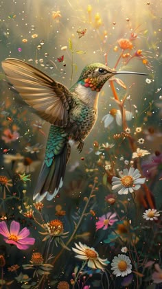 a painting of a hummingbird in flight with daisies and wildflowers around it