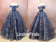 Navy blue off the shoulder lace tulle ball gown  DESCRIPTION      Dresses Length: Floor Length     Sleeve Style:Sleeveless     Waistline: Natural     Material:Tulle     Silhouette: A-Line     Neckline:Off the shoulder  CUSTOMIZATION  The dress can be made-to-order. Please note the following information in your order:  Bust:   Waist:   Hips:   Shoulder to shoulder  Hollow to Floor(barefoot):   Height(barefoot): From head to floor)  Shoes high：  Date when you need the dress:     There is no extra Blue Prom Gown, 18th Century Costume, Tulle Balls, Floral Prom Dresses, Tulle Ball Gown, Gown Prom, Shoes High, African Dresses For Women, Prom Dresses Blue