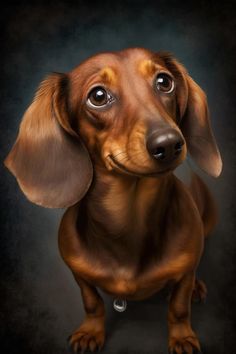 a brown dachshund looking up at the camera