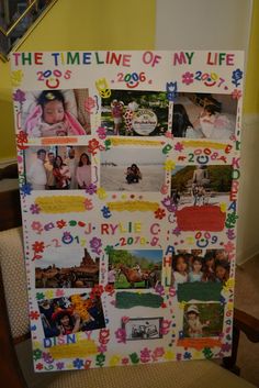 a family photo collage is displayed on a bulletin board